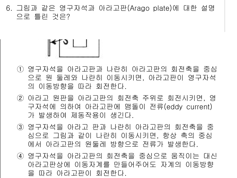전자기사 2016년 6번 - 전자기학에서 아라고판과 영구자석의 회전체에 대한 설명으로, 아라고판의 회... 에 관한 핵심 기출문제