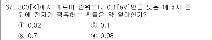 전자기사 2016년 67번 - 전자기준 상태에서 에너지가 0.1 eV 미만인 경우, 페르미-디랙 분포에... 에 관한 핵심 기출문제