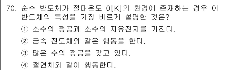 전자기사 2016년 70번 - . 순수 반도체가 절대온도 0K의 환경에 존재할 경우, 전자와 정공이 모... 에 관한 핵심 기출문제