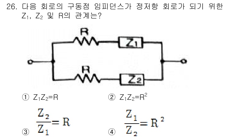 전자기사 2017년 26번 - 회로에서 Z1과 Z2가 직렬로 연결되어 있고, 두 임피던스는 R에 따라 ... 에 관한 핵심 기출문제