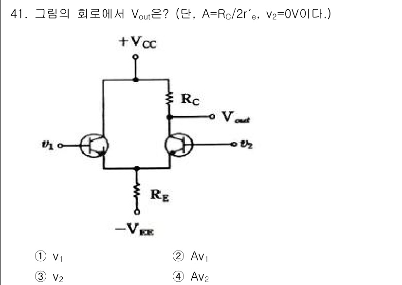 전자기사 2017년 41번 - V_out은 두 입력 전압(v1, v2)의 차이와 각기 저항의 비율에 따... 에 관한 핵심 기출문제