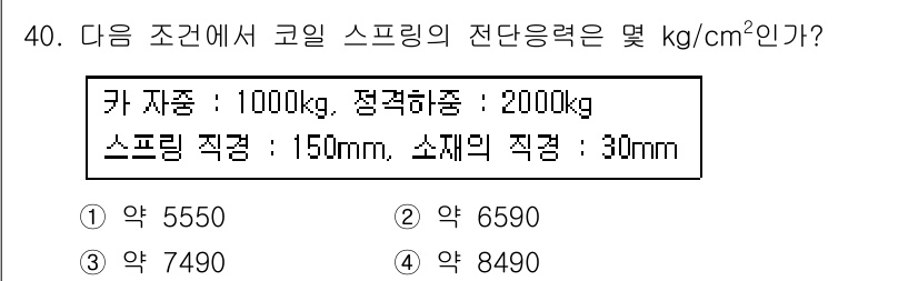 승강기기사 2016년 41번 - 주어진 조건에서 코일 스프링의 전단응력을 계산할 때, 하중과 스프링의 지... 에 관한 핵심 기출문제