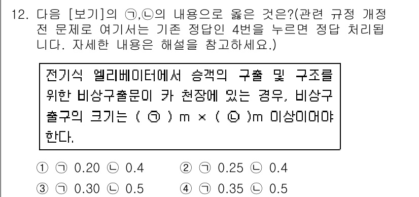 승강기기사 2017년 12번 - 정당한 이유는 전기식 엘리베이터의 비상구 출입문 크기는 안전 기준에 따라... 에 관한 핵심 기출문제