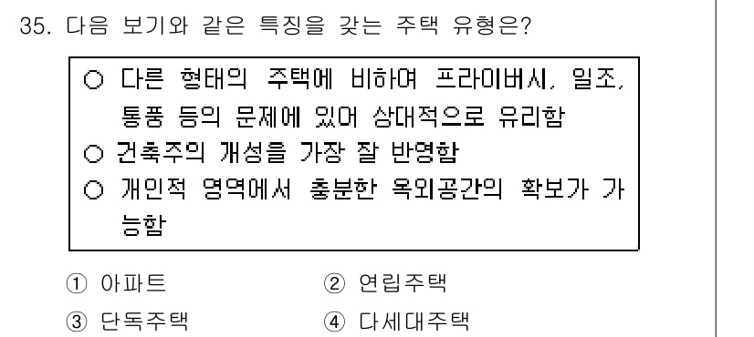조경기사 2016년 35번 - 개인적 영역에서 충분한 욕익관리를 통해 환경과 조화를 이루면서 주택의 특... 에 관한 핵심 기출문제