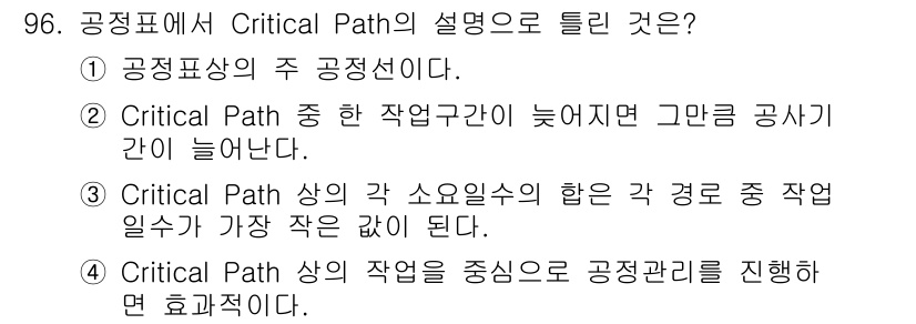 조경기사 2016년 97번 - . Critical Path는 프로젝트의 주요 작업이 포함된 경로로, 총... 에 관한 핵심 기출문제