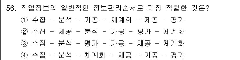 직업상담사_2급_필기 2017년 56번 - 직업정보의 일반적인 관리 순서는 수집 → 분석 → 체계화 → 제공 → 평... 에 관한 핵심 기출문제