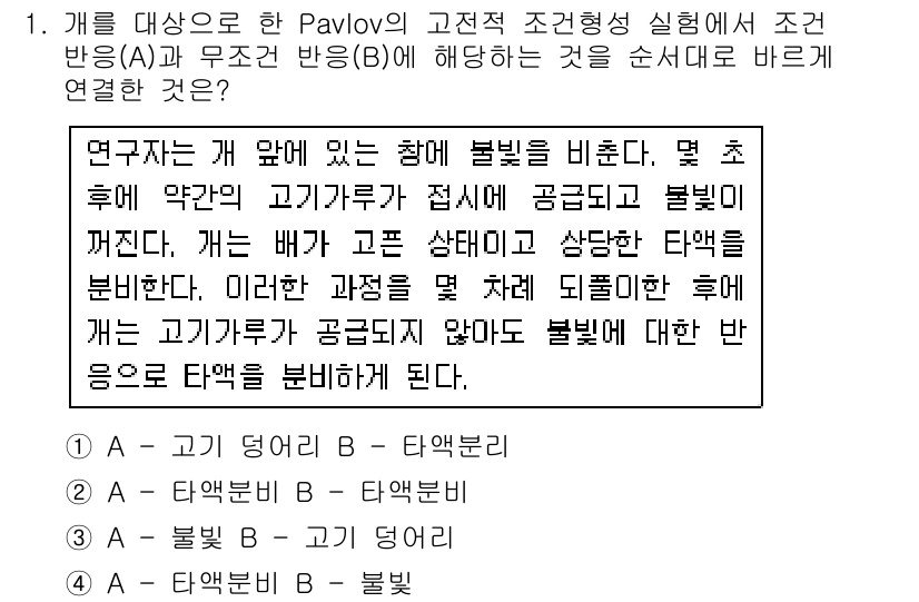 임상심리사_2급 2015년 1번 - 정답 2 번은 Pavlov의 조건 반사를 통해 고양이가 긍정적 자극에 반... 에 관한 핵심 기출문제