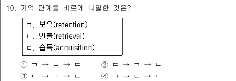 임상심리사_2급 2017년 10번 - 기억의 세 단계는 습득(acquisition), 보유(retention)... 에 관한 핵심 기출문제