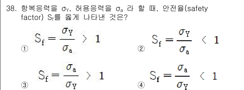 컴퓨터응용가공산업기사 2015년 38번 - 안전율 \( S_f \)는 재료의 허용 응력 (\( \sigma_a \)... 에 관한 핵심 기출문제