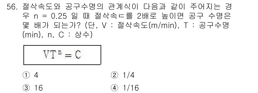 컴퓨터응용가공산업기사 2015년 56번 - 주어진 식에 따라 절삭 속도와 공구 수명의 관계를 분석하면, 절삭 속도가... 에 관한 핵심 기출문제