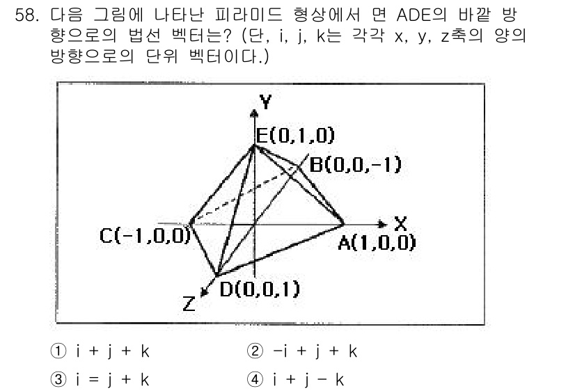 컴퓨터응용가공산업기사 2015년 58번 - 주어진 피라미드 ADE에서 각 점의 위치 벡터를 이용해 방향 벡터를 구할... 에 관한 핵심 기출문제