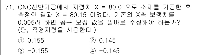 컴퓨터응용가공산업기사 2015년 71번 - CNC 선반 가공에서 지정 치수와 측정 결과의 차이를 계산합니다. 80.... 에 관한 핵심 기출문제