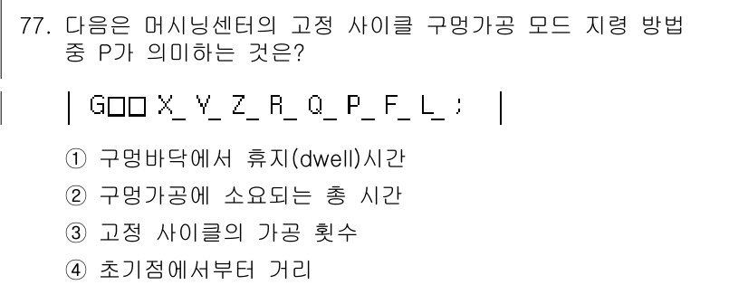 컴퓨터응용가공산업기사 2015년 77번 - . 

P는 "초기점에서부터 거리"를 의미합니다. 이는 구멍을 가공할 때... 에 관한 핵심 기출문제