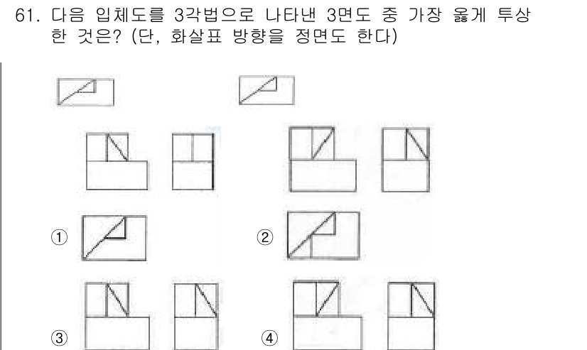 컴퓨터응용가공산업기사 2017년 61번 - 정답인 3번은 입체도에서 가장 자연스러운 투시 방향을 나타냅니다. 나머지... 에 관한 핵심 기출문제