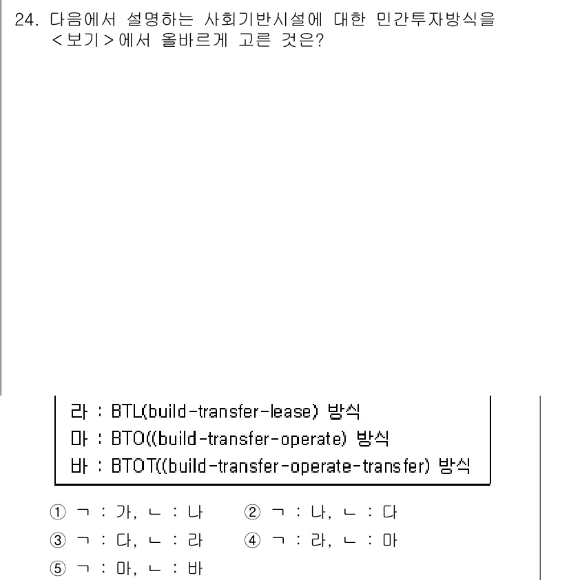 공인중개사_1차 2017년 24번 - BTO 방식에서는 건물의 건설 후 운영 및 이전이 포함되므로 사회복지시설... 에 관한 핵심 기출문제