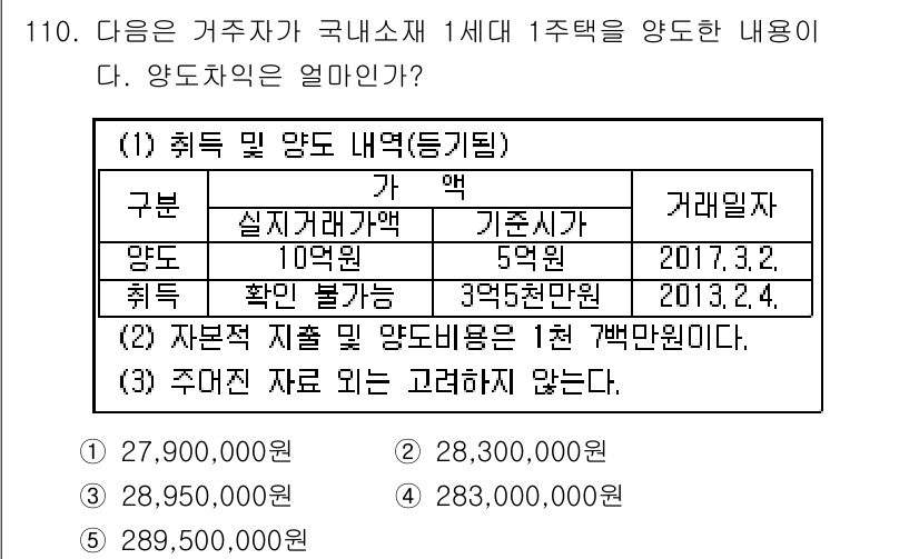 공인중개사_2차 2017년 110번 - 거주자 가액은 5억원이며, 취득세는 이것에 따라 계산됩니다. 따라서 양도... 에 관한 핵심 기출문제