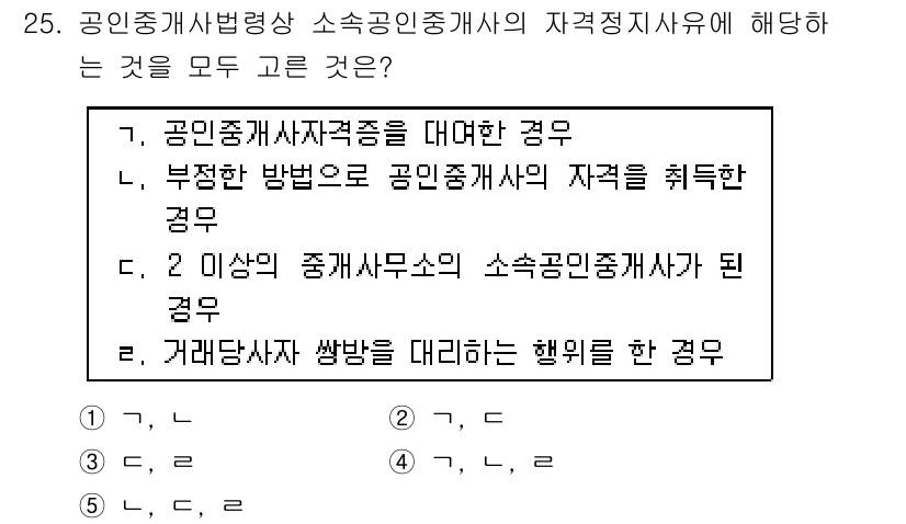 공인중개사_2차 2017년 25번 - 공인중개사법령상 소속공인중개사의 자격 정지사유에 해당하는 경우로, 1, ... 에 관한 핵심 기출문제