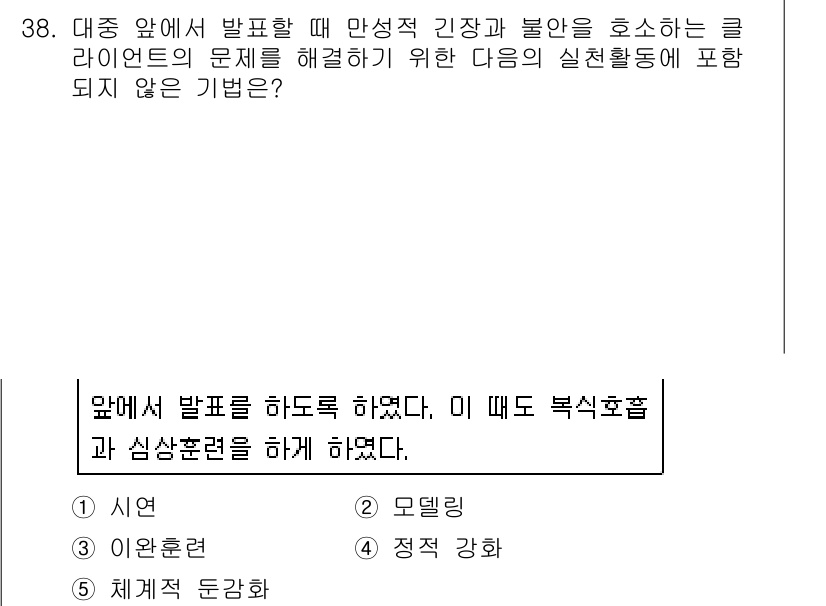 사회복지사_1급(2교시)(구) 2018년 38번 - 대중 앞에서 발표할 때 부정적 감정이 발현될 경우, 심리적인 지원과 함께... 에 관한 핵심 기출문제