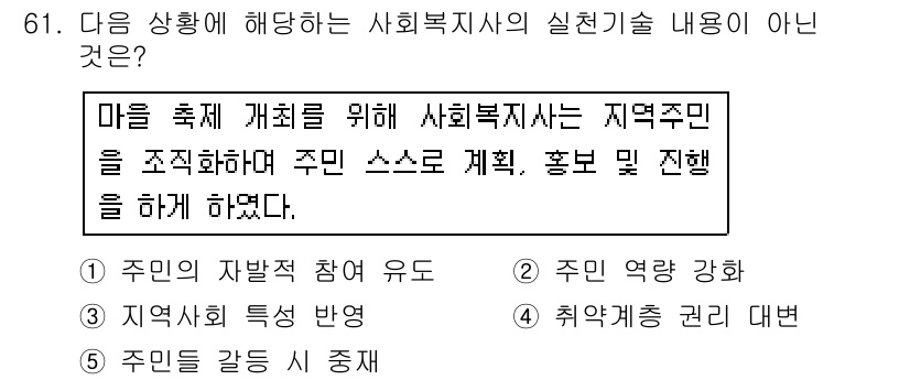 사회복지사_1급(2교시)(구) 2018년 61번 - 주민이 자발적으로 참여하는 것은 사회복지사의 역할이며, 주민 역할 강화를... 에 관한 핵심 기출문제