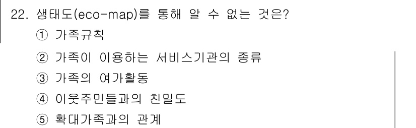 사회복지사_1급(2교시) 2018년 22번 - 생태도(ecological map)는 개인이나 가족이 사용하는 자원과 그... 에 관한 핵심 기출문제