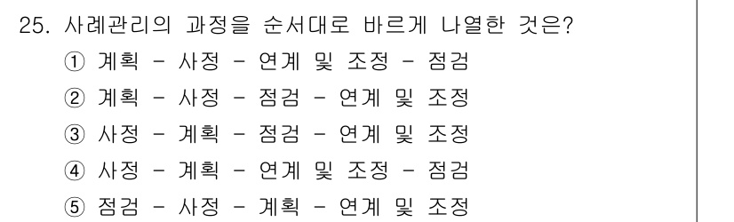 사회복지사_1급(2교시) 2018년 25번 - 사회관리의 과정은 일반적으로 계획, 실행, 점검, 수정의 순서로 이루어집... 에 관한 핵심 기출문제