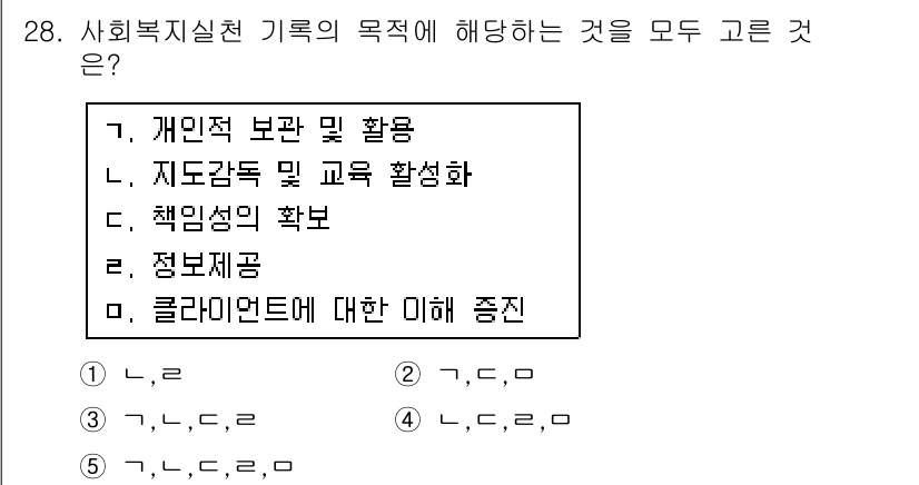 사회복지사_1급(2교시) 2018년 28번 - 사회복지실천 기록의 목적은 정보 공유와 클라이언트 이해 증진 등으로, 여... 에 관한 핵심 기출문제