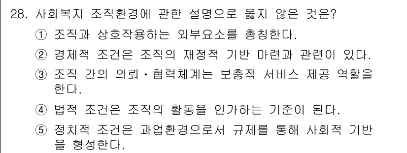 사회복지사_1급(3교시) 2018년 28번 - 정치적 조건은 조직의 활동을 직접적으로 규정하지 않으며, 이는 외부 환경... 에 관한 핵심 기출문제