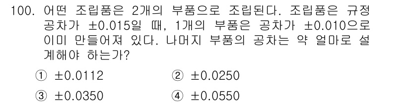 품질경영기사 2016년 100번 - 정답은 ① - 0.0112입니다. 조립품의 공차는 각 부품의 공차를 더하... 에 관한 핵심 기출문제