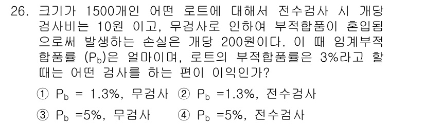 품질경영기사 2016년 26번 - 주어진 문제는 두 가지 검사 방법(전수검사와 무작위 검사)에서의 결함 발... 에 관한 핵심 기출문제