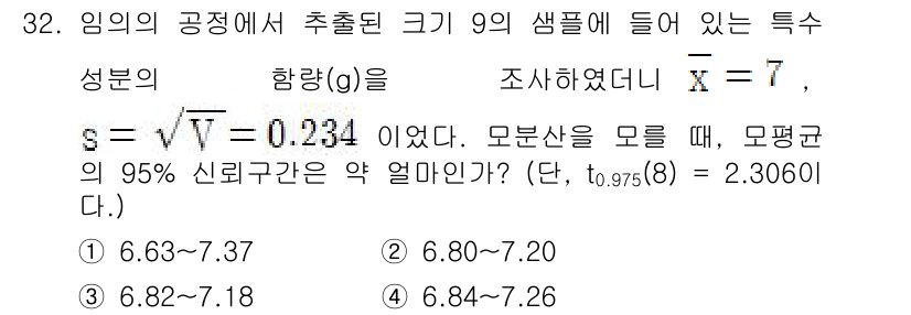 품질경영기사 2016년 32번 - 주어진 문제에서는 샘플의 평균이 7이고, 표준편차가 0.234인 경우 9... 에 관한 핵심 기출문제