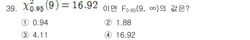 품질경영기사 2016년 39번 - 정답 4는 카이제곱 분포에서 주어진 자유도와 누적 확률을 기반으로 계산된... 에 관한 핵심 기출문제