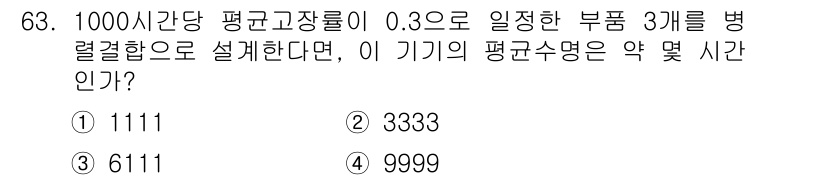 품질경영기사 2016년 63번 - 정답 3번입니다. 주어진 평균 고장률이 0.3이므로 평균 수명(평균 고장... 에 관한 핵심 기출문제
