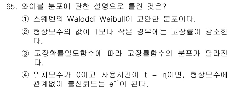 품질경영기사 2016년 65번 - 형상모수의 값이 1보다 작으면 고장률이 감소하게 되며, 이는 고장률이 시... 에 관한 핵심 기출문제