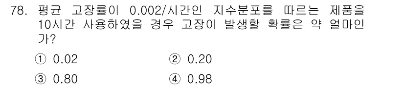 품질경영기사 2016년 78번 - 정답: ① 0.02  
해설: 평균 고장률이 0.002/시간이므로, 10... 에 관한 핵심 기출문제