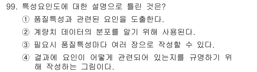 품질경영기사 2016년 99번 - 특성 요인도는 특정 품질 특성과 관련된 요인을 도식화하여 복잡한 관계를 ... 에 관한 핵심 기출문제