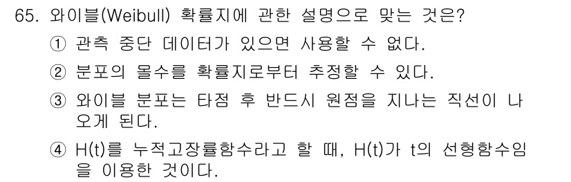 품질경영기사 2017년 67번 - 와이블(Weibull) 분포는 생존 분석 및 신뢰성 공학에서 자주 사용되... 에 관한 핵심 기출문제