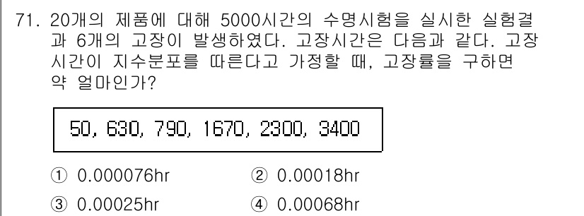 품질경영기사 2017년 73번 - . 

고장시간의 지수분포를 가정할 때, 평균 고장시간은 수명시험의 전체... 에 관한 핵심 기출문제