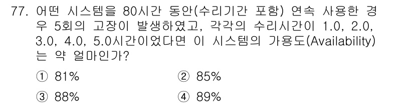 품질경영기사 2017년 79번 - 시스템의 가용도(Availability)는 고장 발생 횟수와 총 운영 시... 에 관한 핵심 기출문제