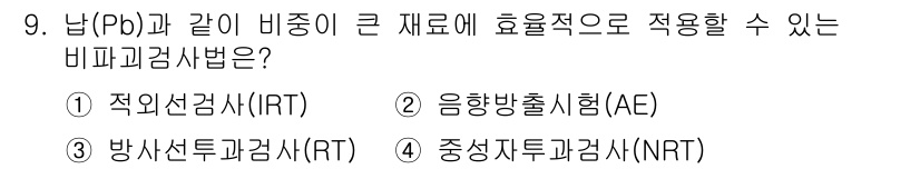 침투비파괴검사기능사 2016년 9번 - . 중성자투과검사(NRT)  
중성자투과검사는 높은 비중의 재료에서도 효... 에 관한 핵심 기출문제