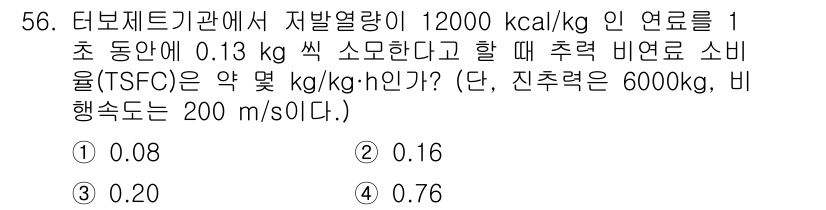 항공기관정비기능사 2015년 56번 - 정답 3번(0.20)의 이유는 다음과 같습니다. 터빈 엔진의 특정 연료 ... 에 관한 핵심 기출문제