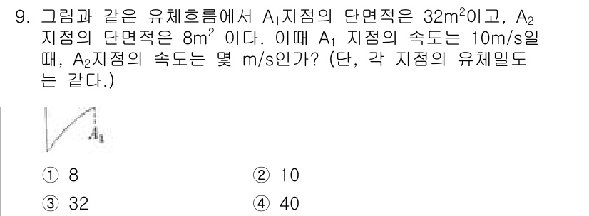 항공기관정비기능사 2015년 9번 - A지점의 면적은 32 m², A지점의 속도는 10 m/s이며, 유체의 연... 에 관한 핵심 기출문제