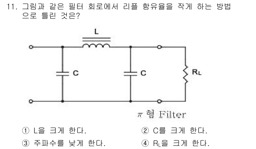 전자산업기사 2015년 11번 - 리플 함유율을 낮추기 위해서는 출력 저항(RL)을 크게 하는 것이 효과적... 에 관한 핵심 기출문제