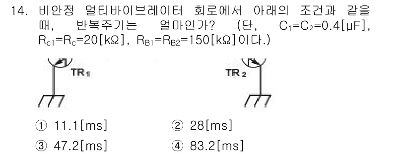 전자산업기사 2015년 14번 - 회로에서 반복주기를 구하기 위해서는 각 저항과 커패시터 값을 고려하여 충... 에 관한 핵심 기출문제