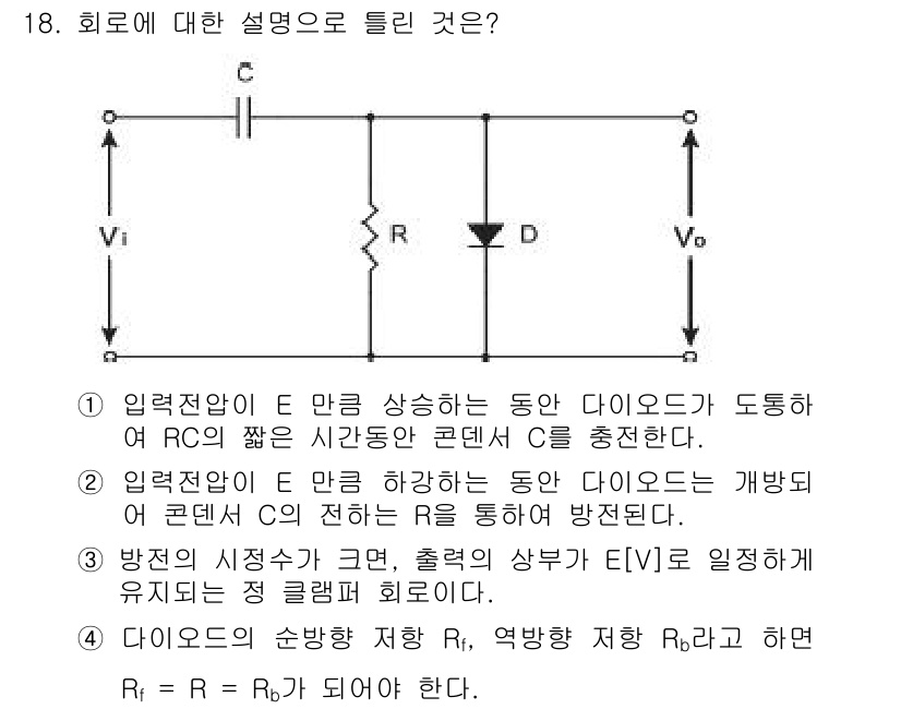 전자산업기사 2015년 18번 - 1. 입력 전압 \( V_i \)가 높아질수록 다이오드 D1의 전도 가능... 에 관한 핵심 기출문제