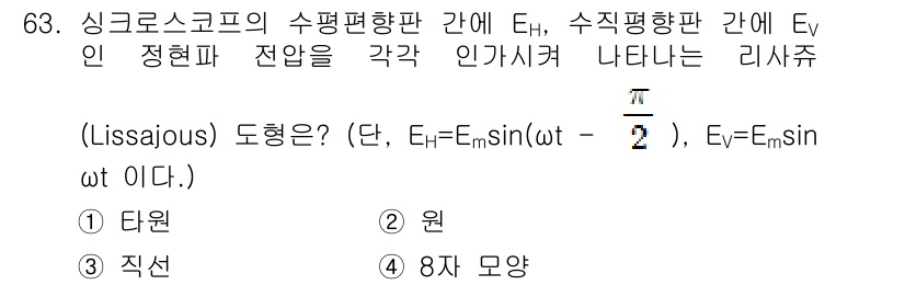 전자산업기사 2015년 63번 - 이 문제에서 Lissajous 도형은 두 개의 서로 직각인 주파수의 조합... 에 관한 핵심 기출문제
