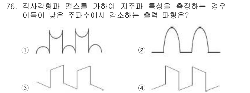 전자산업기사 2015년 76번 - 정답 4번은 직사각형 펄스의 저주파 특성을 나타내는 출력 파형으로, 낮은... 에 관한 핵심 기출문제