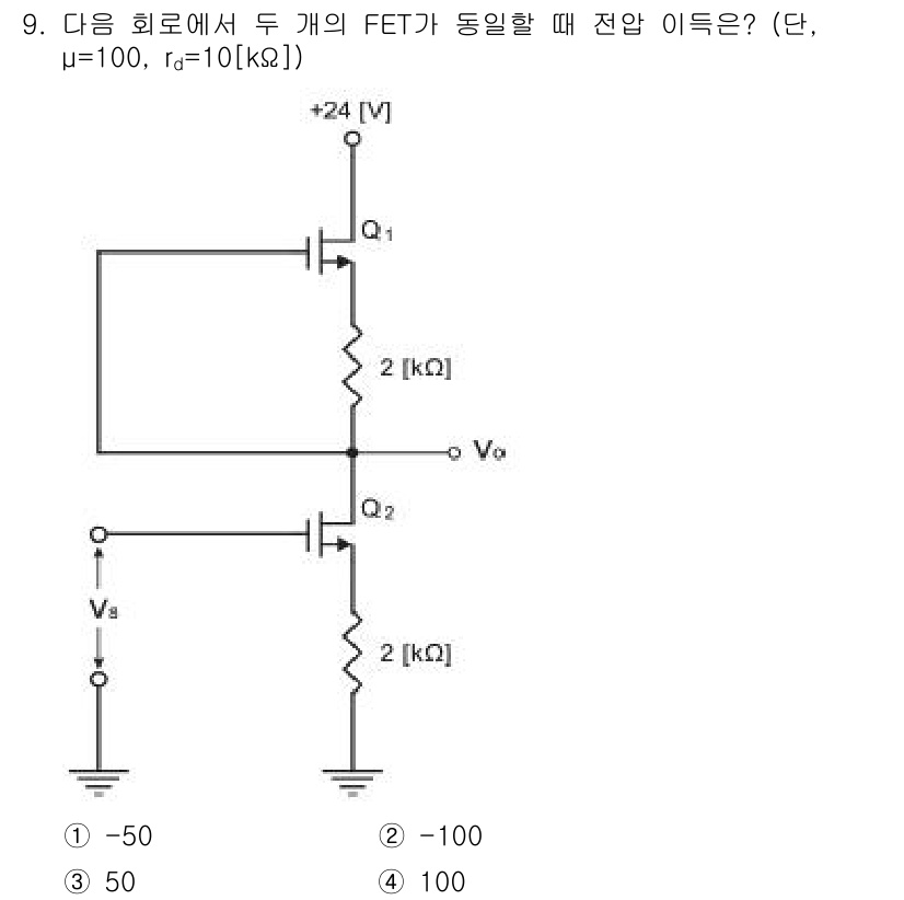 전자산업기사 2015년 9번 - 정답은 5번 (-100)입니다. 두 개의 FET가 동일한 전압에서 작동할... 에 관한 핵심 기출문제