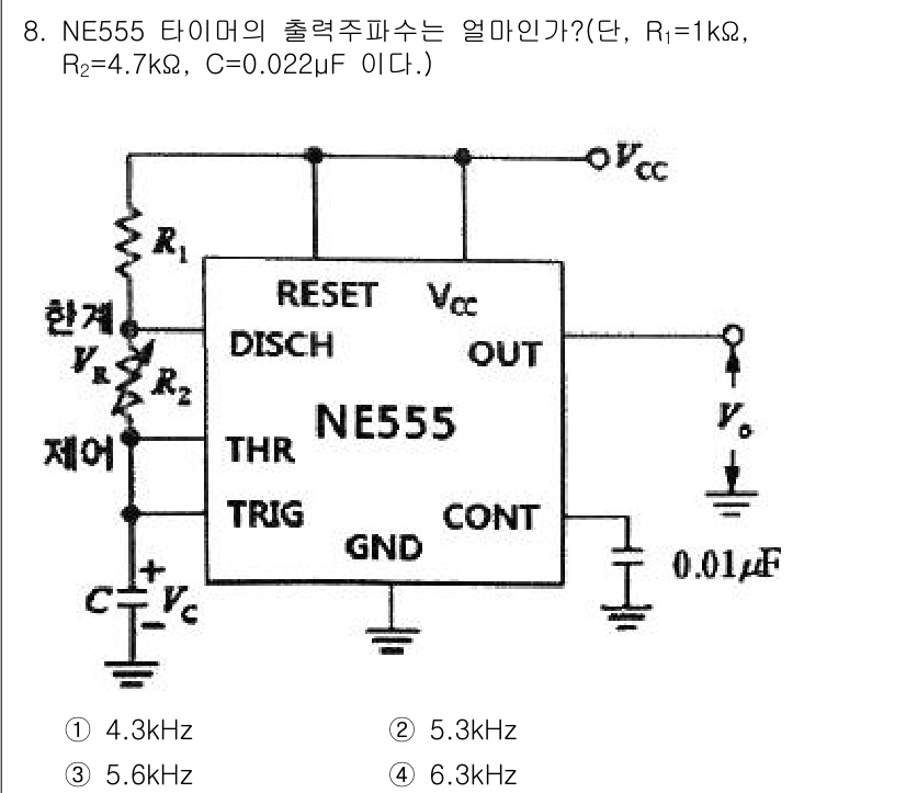 전자산업기사 2017년 8번 - NE555 타이머의 주파수는 R1, R2, C 값에 따라 결정되며, 주파... 에 관한 핵심 기출문제