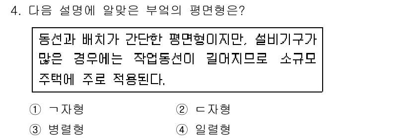 건축산업기사 2015년 4번 - 정답은 4번 "일행형"입니다. 일행형은 동선과 배치가 간단해 효율적인 공... 에 관한 핵심 기출문제