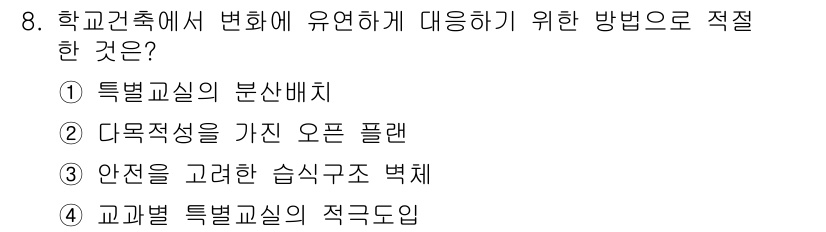 건축산업기사 2015년 8번 - . 특별교실의 분산배치

해설: 특별교실을 분산 배치하면 학습 공간 간의... 에 관한 핵심 기출문제